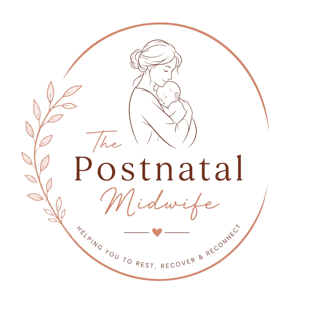 The Postnatal Midwife — a rose line drawing of a mother cradling her baby inside a laurel wreath, with the tagline 'Helping you to rest, recover and reconnect'